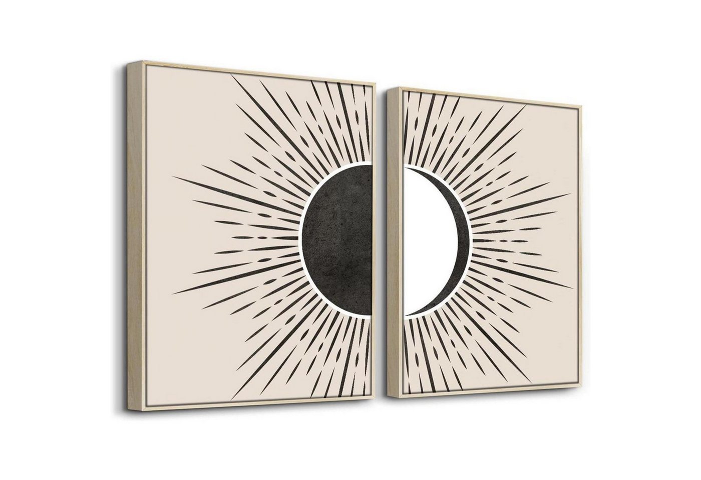 LuxusKollektion Bild mit Rahmen Wandbilder Boho Holz Rahmen Abstract Sonne und Mond 40L x 30B cm von LuxusKollektion