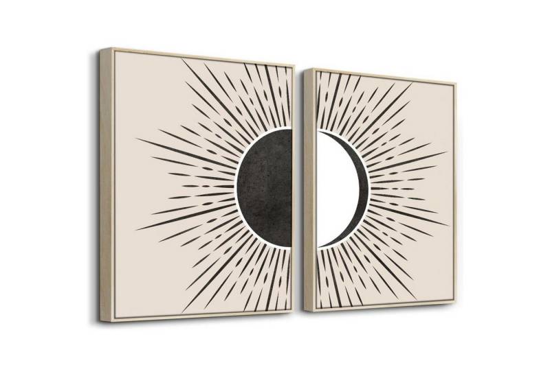 LuxusKollektion Bild mit Rahmen Wandbilder Boho Holz Rahmen Abstract Sonne und Mond 40L x 30B cm von LuxusKollektion