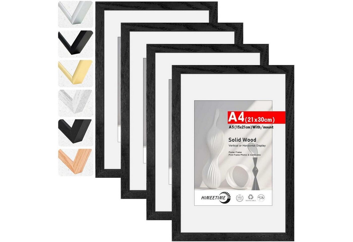 LuxusKollektion Bilderrahmen-Set Bilderrahmen 4x A4 21x30cm Schwarz Holz Schwarz A4(21x29,7cm) 4x von LuxusKollektion
