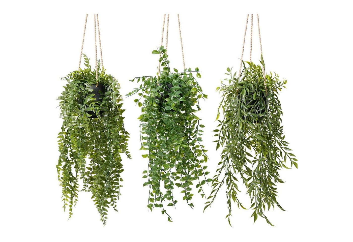 LuxusKollektion Blumenampel Hängepflanze künstlich 3er 50cm Balkon Wohnzimmer Schwarz Topf 033 von LuxusKollektion