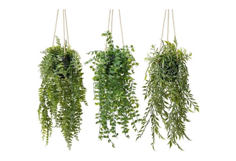 LuxusKollektion Blumenampel Hängepflanze künstlich 3er 50cm Balkon Wohnzimmer Schwarz Topf 033 von LuxusKollektion