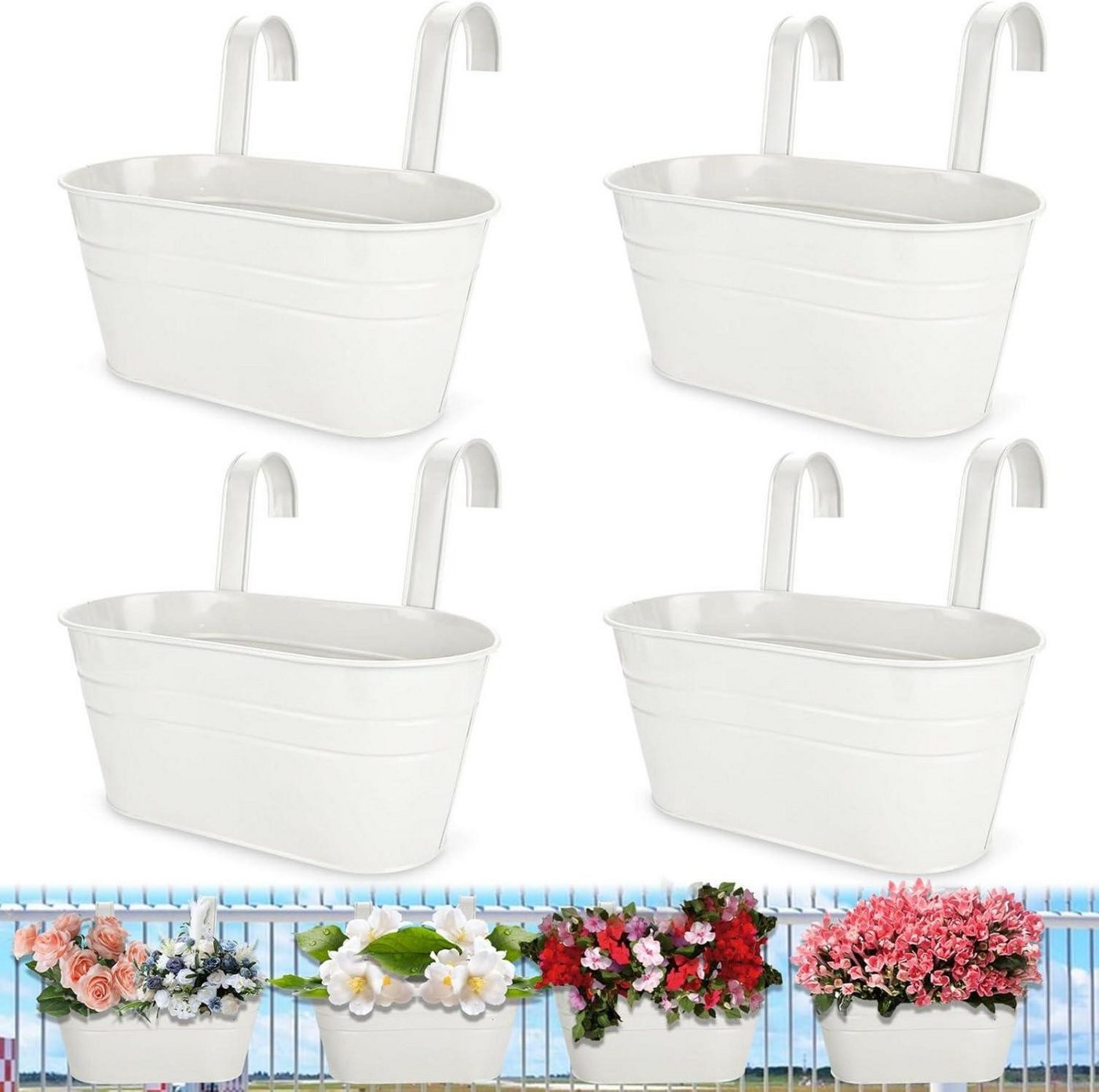 LuxusKollektion Blumenkasten Blumentopf Hängend 4er Set Metall Weiß 27.5cm Drainage Balkon Zaun von LuxusKollektion