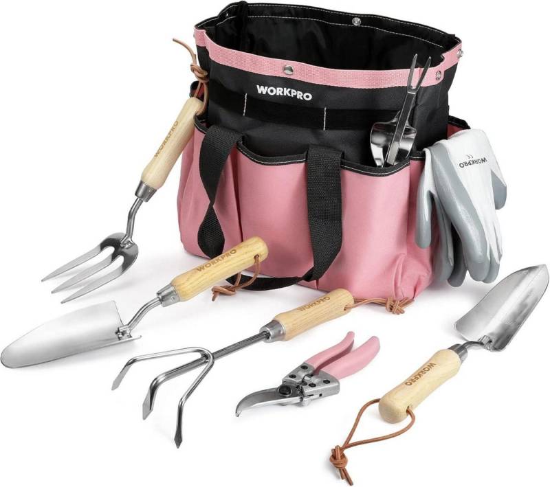 WorkPro Blumenkasten Gartenwerkzeug Set 8-in-1 Rosa Gartengeräte Aufbewahrungstasche von WorkPro
