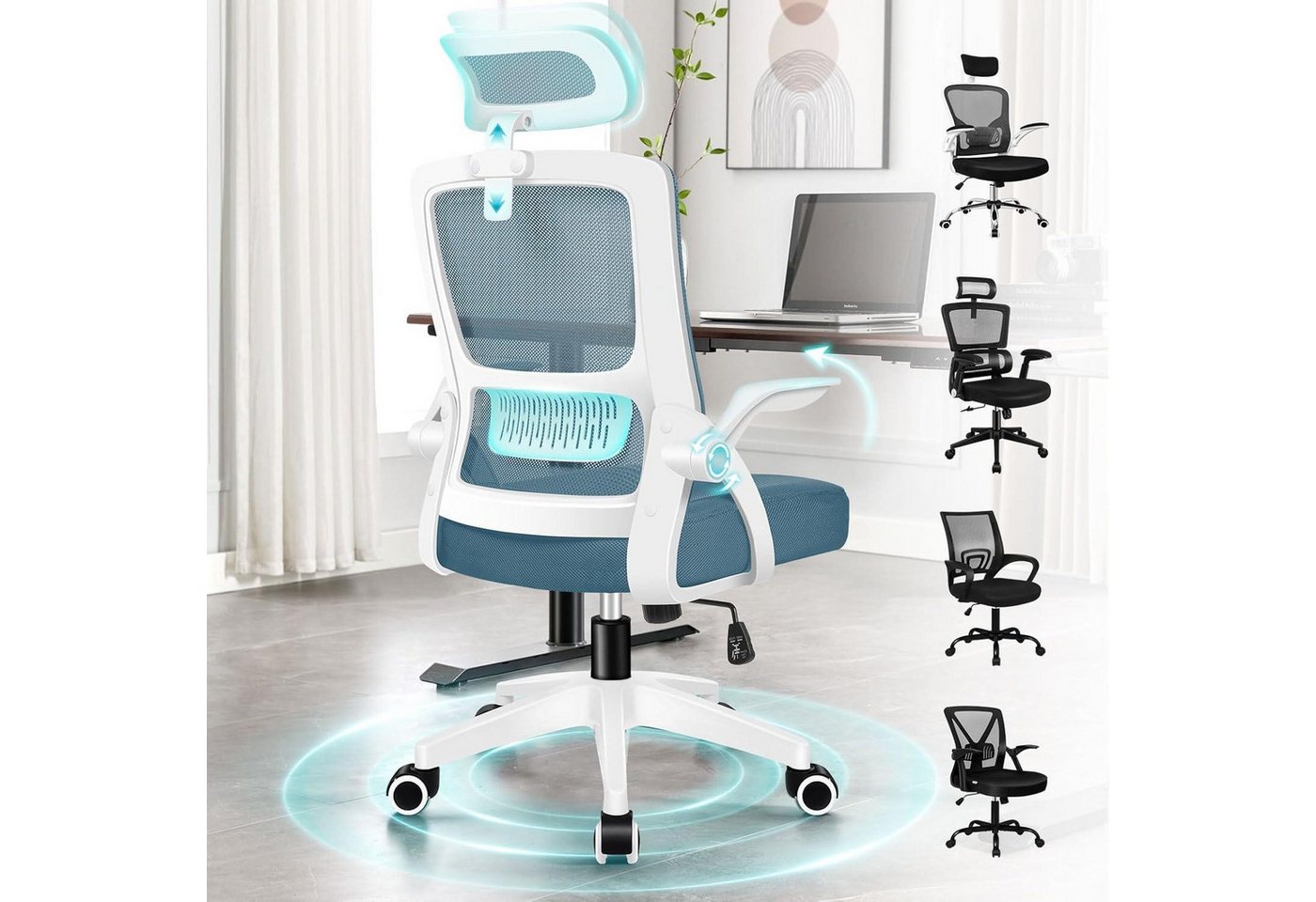 LuxusKollektion Bürostuhl Ergonomischer Bürostuhl Lordosenstütze Kopfstütze Armlehne Himmelblau LuxusKollektion Bürostuhl Ergonomischer Bürostuhl Lordosenstütze Kopfstütze Armlehne Himmelblau von LuxusKollektion