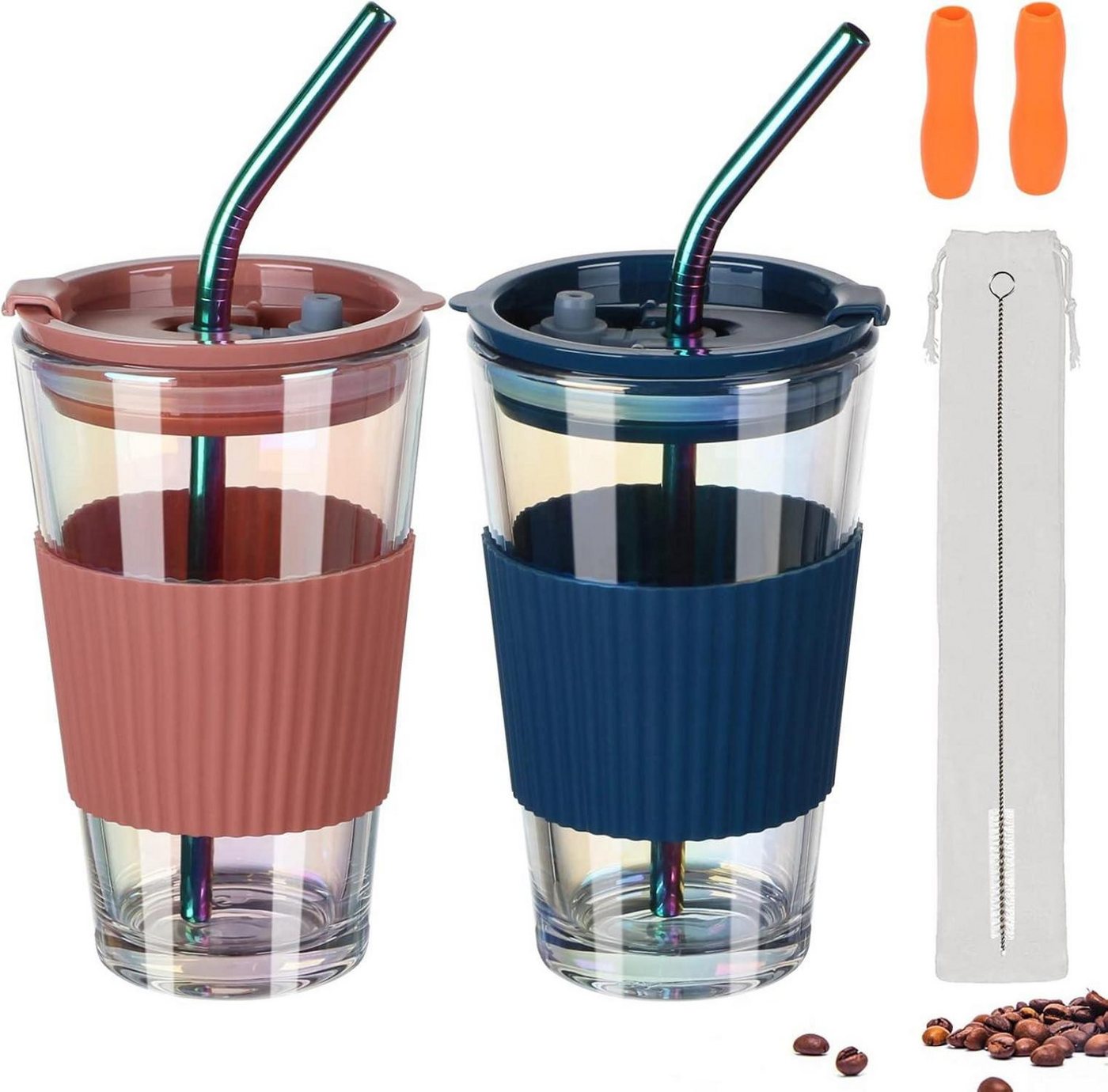 LuxusKollektion Coffee-to-go-Becher Glasbecher 450ml 2er Set Spritzfester Deckel Strohhalm Trinkbecher von LuxusKollektion