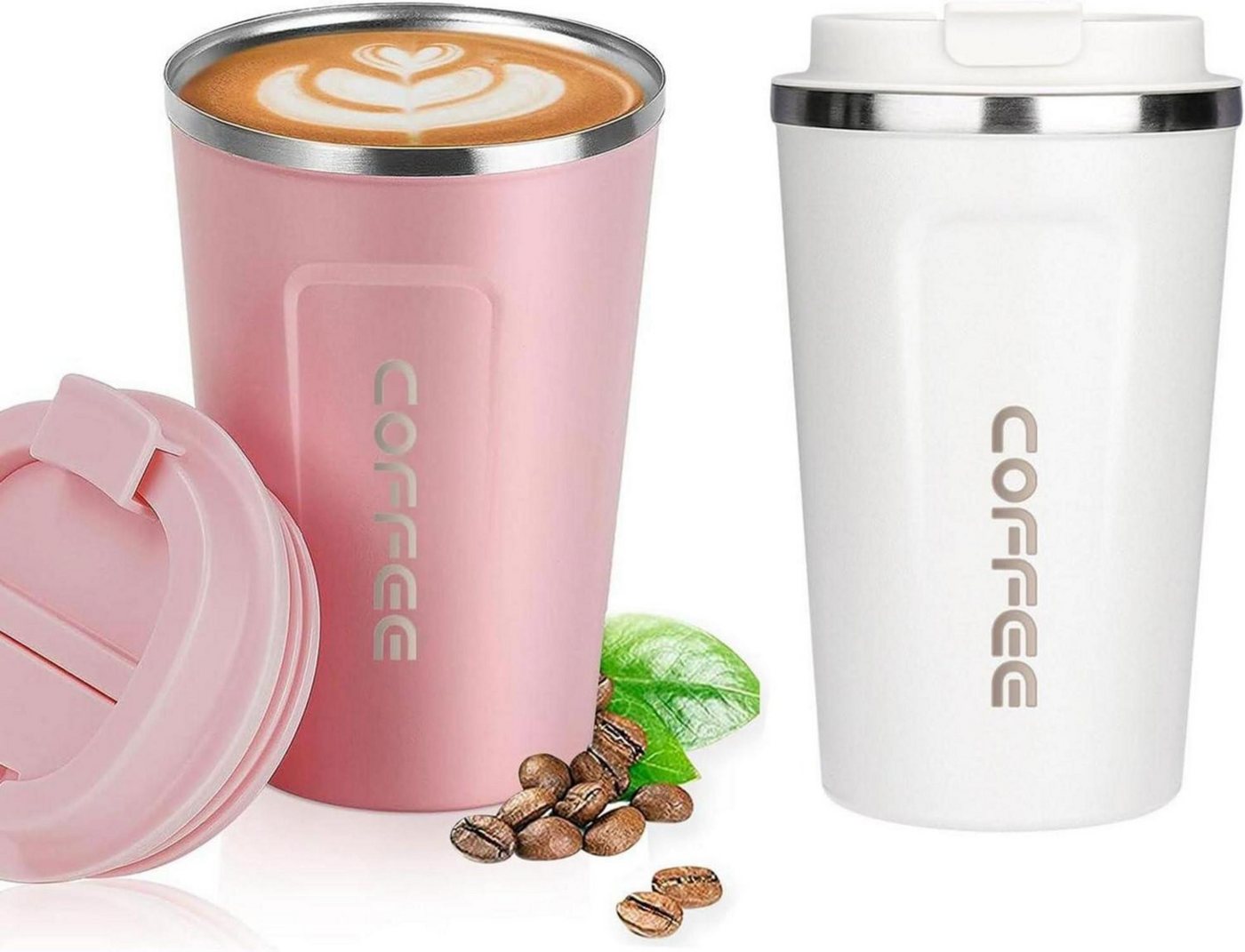 LuxusKollektion Coffee-to-go-Becher Kaffeebecher to go Thermobecher 380ml 2er Set Weiß Rosa Edelstahl von LuxusKollektion