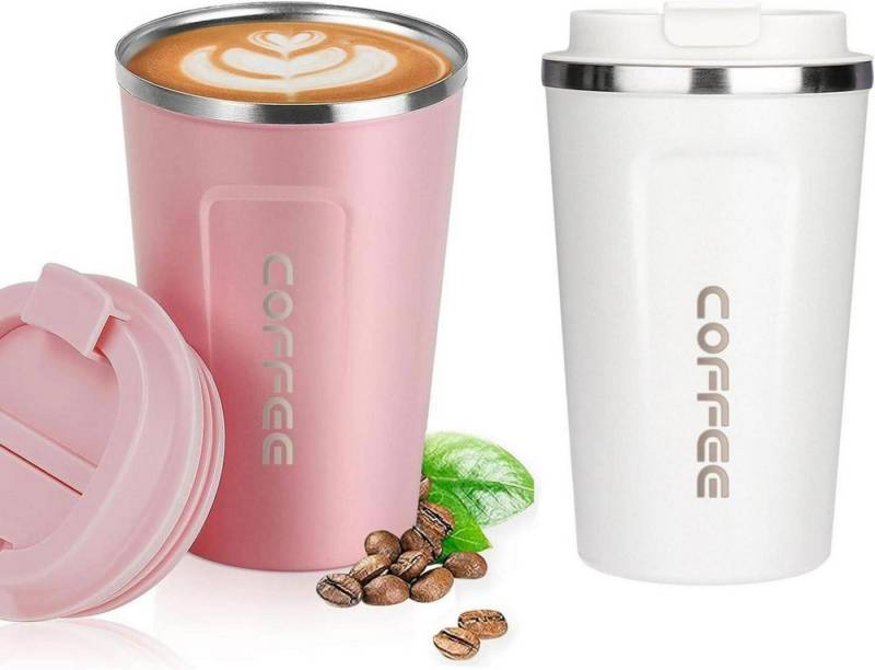 LuxusKollektion Coffee-to-go-Becher Kaffeebecher to go Thermobecher 380ml 2er Set Weiß Rosa Edelstahl von LuxusKollektion