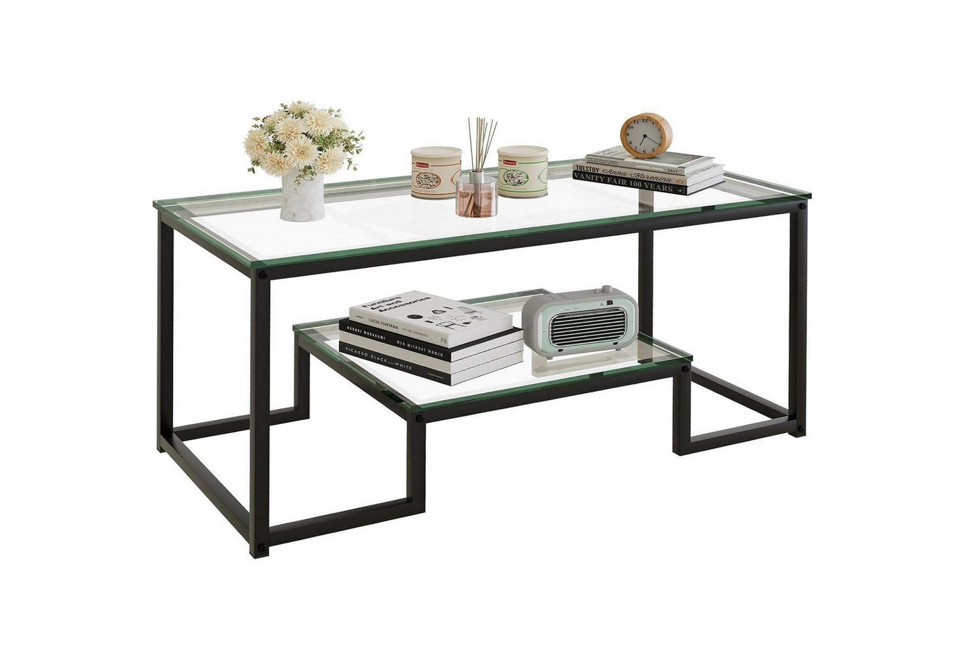 LuxusKollektion Couchtisch Couchtisch 2 Etagen Glas Metallrahmen 100x47x45cm Wohnzimmer Schwarz von LuxusKollektion