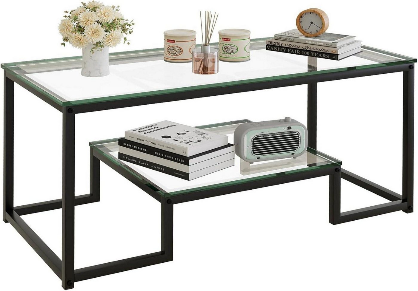 LuxusKollektion Couchtisch Couchtisch Glastisch Stauraum Glasplatte Schwarz 100x48x45cm von LuxusKollektion