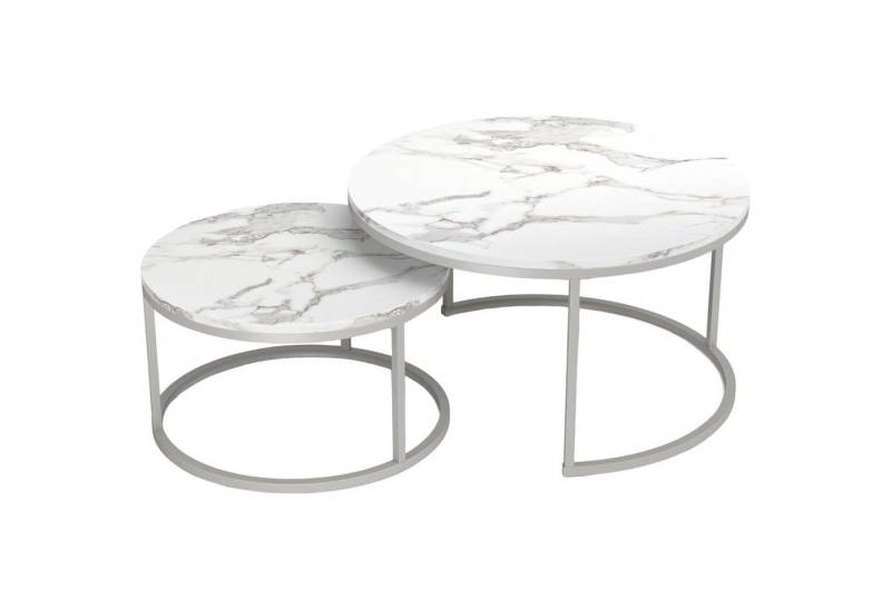 LuxusKollektion Couchtisch Couchtisch Marmor Optik Runder Wohnzimmertisch Weiß Silber Satztische von LuxusKollektion