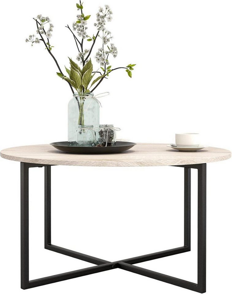 LuxusKollektion Couchtisch Moderne Runder Couchtisch Holz Schwarz Stahlgestell 88x44.5cm von LuxusKollektion