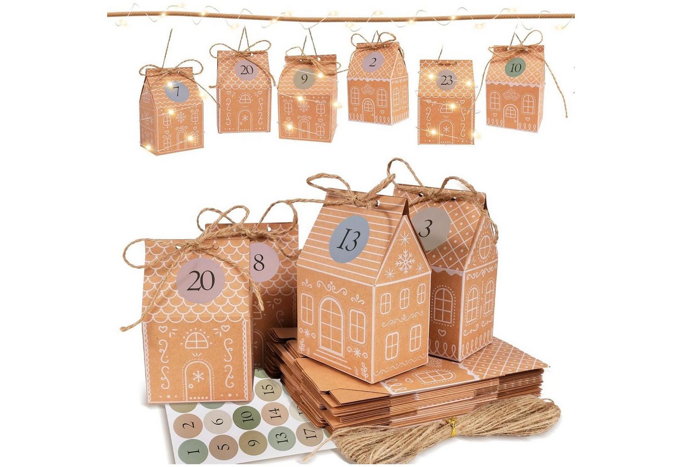 LuxusKollektion DIY-Adventskalender Adventskalender 24 Lebkuchenhäuser zum Befüllen mit LED-Lichterkette von LuxusKollektion
