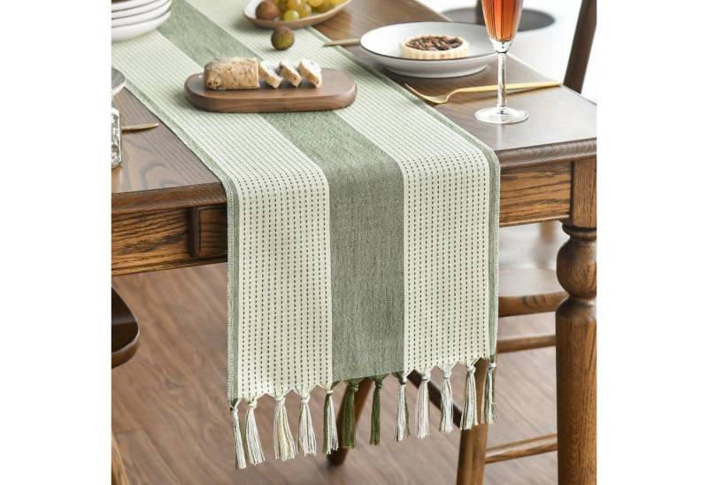 LuxusKollektion Dekohänger Boho Quasten Tischläufer Salbei Grün Landhausstil 33x183 cm von LuxusKollektion