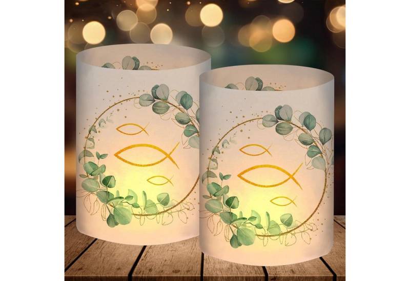 LuxusKollektion Dekohänger Windlicht 12 Tischdeko Kommunion Taufe Eukalyptus Teelicht Fisch Deko von LuxusKollektion