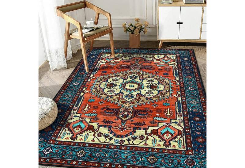 WONGS BEDDING Designteppich Boho Teppich Vintage Design Kurzflor Waschbar Rutschfest 120x170cm Rot von WONGS BEDDING