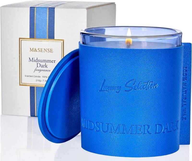M&SENSE Duftkerze Duftkerze Luxury Leather Wrapped Candle 210g 50 Std. Brenndauer Blau von M&SENSE