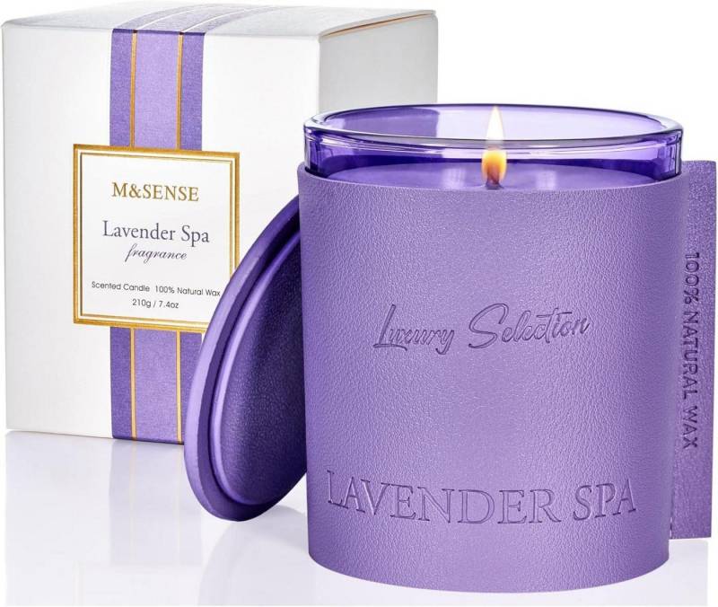 M&SENSE Duftkerze Duftkerze im Leder eingewickelt Lavender Spa Geschenkbox 50Std. - 210g von M&SENSE