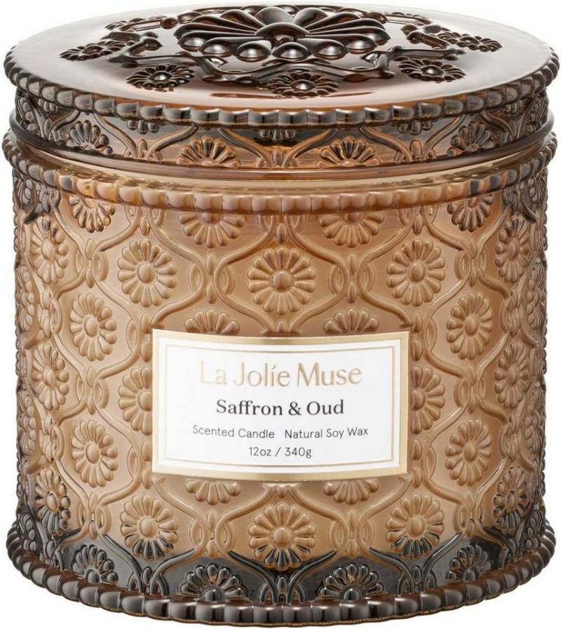 LuxusKollektion Duftkerze Große 2-Docht Sojakerze Safran Oud 340g Luxusglas Kerze von LuxusKollektion