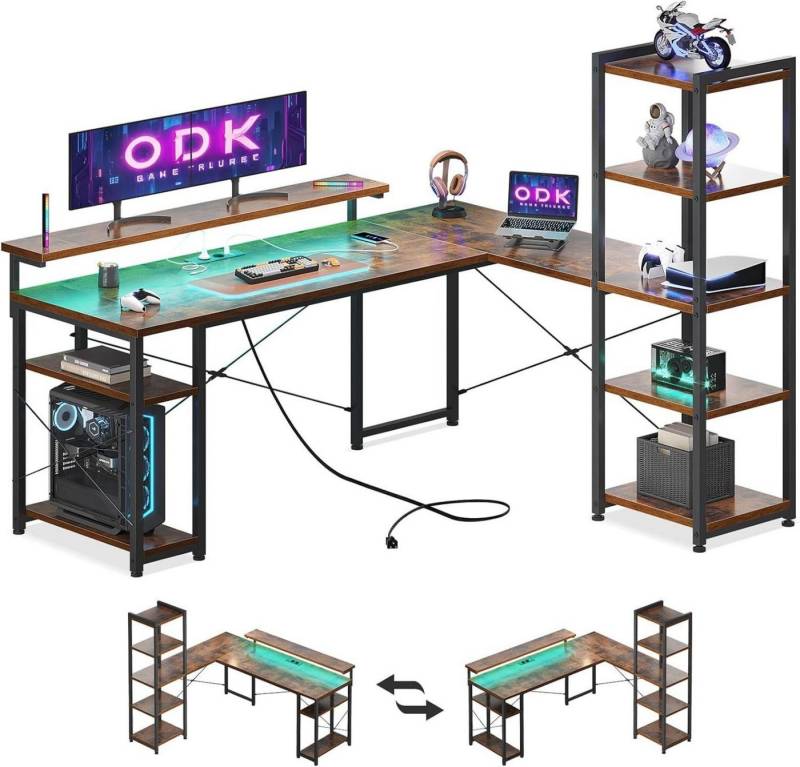 LuxusKollektion Eckschreibtisch Bürotisch Gaming Tisch Vintage Braun LED Steckdosen USB von LuxusKollektion