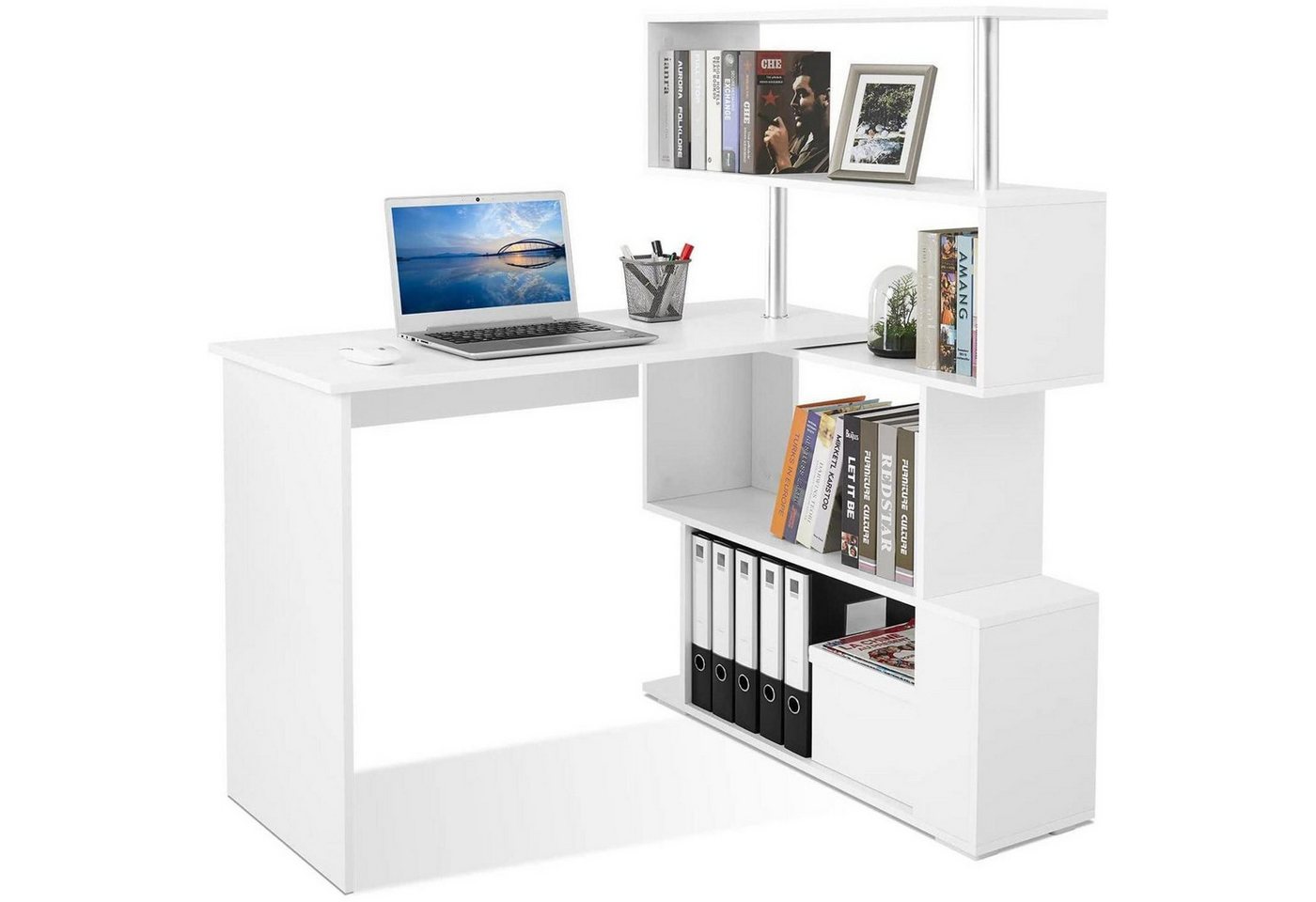 LuxusKollektion Eckschreibtisch Computertisch Eckschreibtisch Lförmig 360Grad Bücherregal Weiß von LuxusKollektion