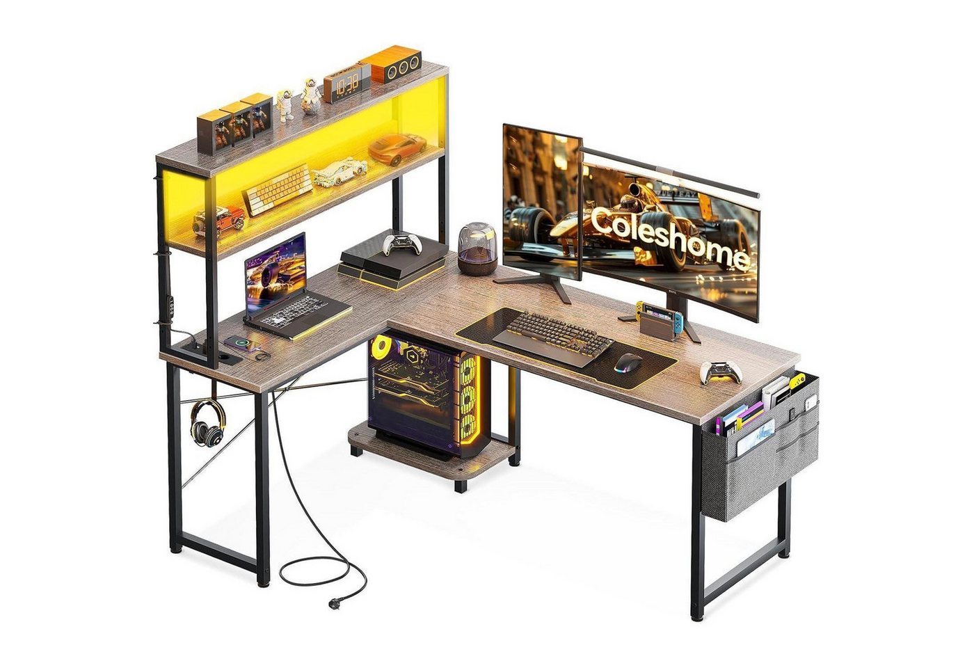 LuxusKollektion Eckschreibtisch Eckschreibtisch Gaming L Form LED Steckdosen 135×100 cm Grau von LuxusKollektion