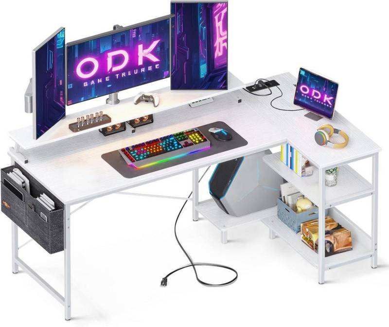 LuxusKollektion Eckschreibtisch Eckschreibtisch L Form 147x80cm Weiß Gaming Tisch USB Steckdose Regal von LuxusKollektion