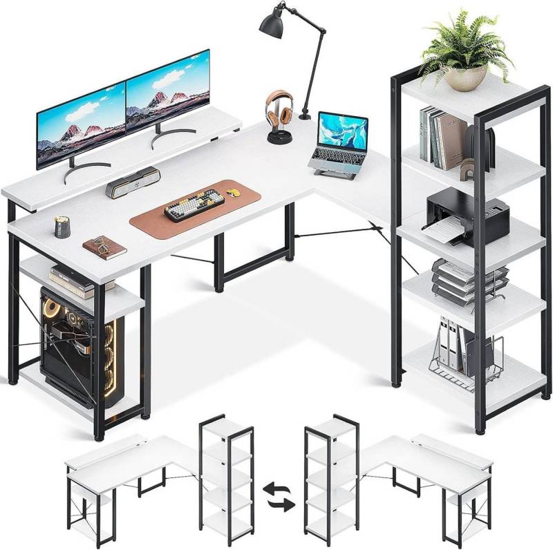LuxusKollektion Eckschreibtisch Eckschreibtisch L-Form mit Regal, Monitorständer, Weiß 140×137cm von LuxusKollektion