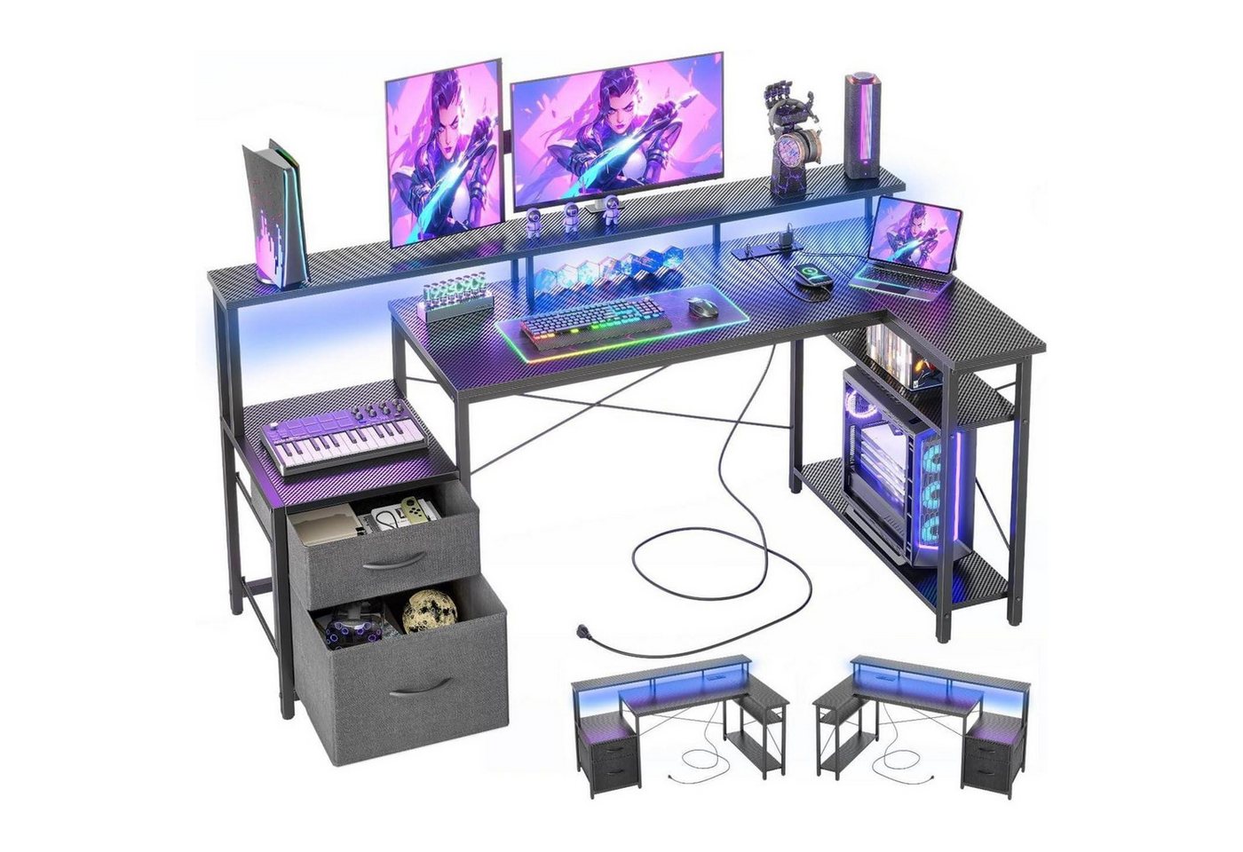 LuxusKollektion Eckschreibtisch Eckschreibtisch LED Steckdosen 2 Schubladen 150 x 80 cm Kohle Schwarz von LuxusKollektion