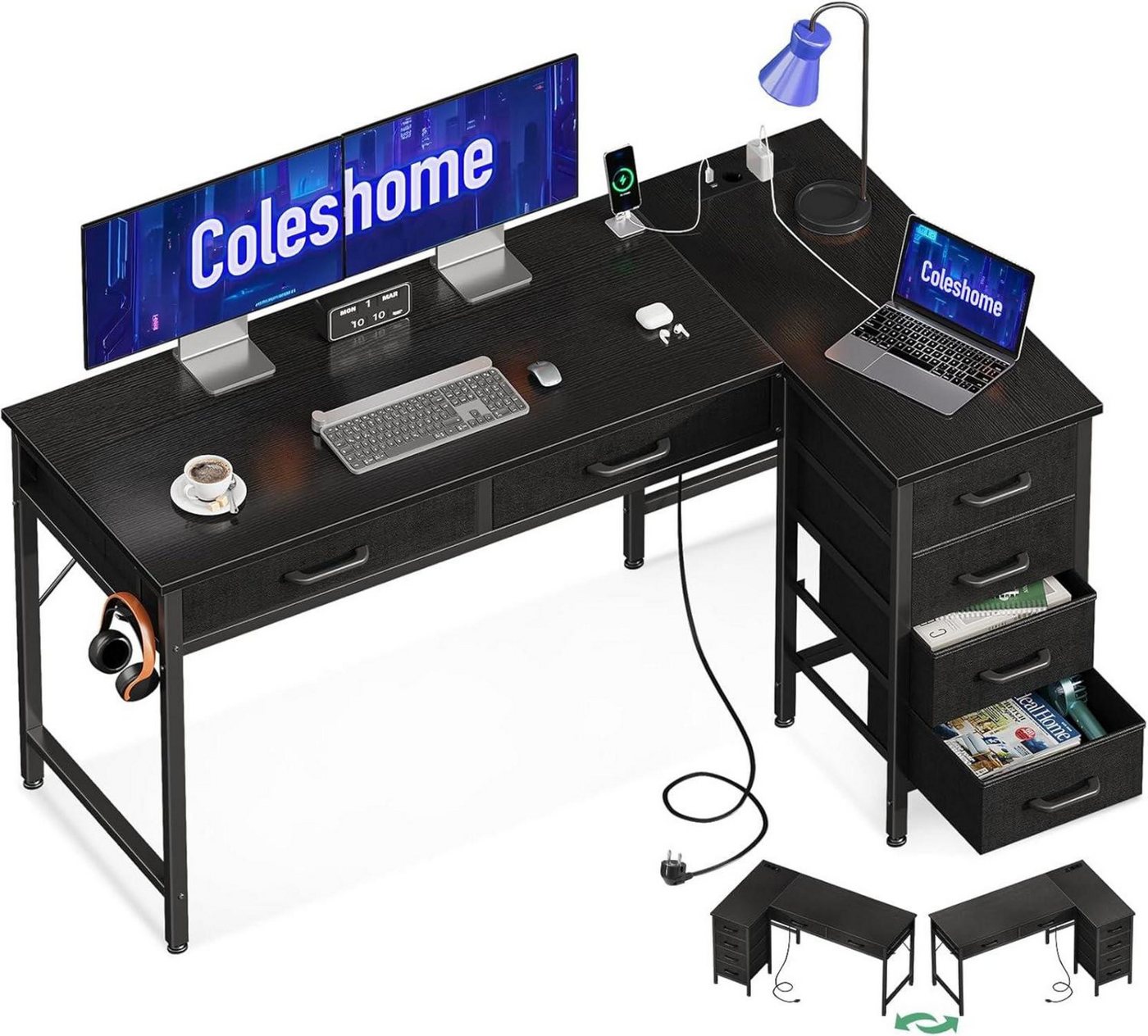 LuxusKollektion Eckschreibtisch Eckschreibtisch Schwarz mit 6 Schubladen und Steckdose 126x80 cm LuxusKollektion Eckschreibtisch Eckschreibtisch Schwarz mit 6 Schubladen und Steckdose 126x80 cm von LuxusKollektion