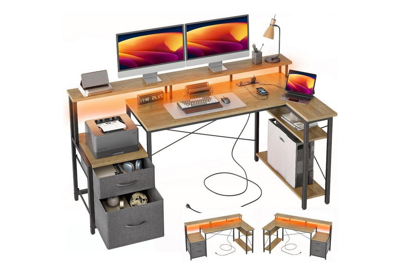 LuxusKollektion Eckschreibtisch Eckschreibtisch Steckdosen LED 2 Schubladen 150 x 80 cm Grau von LuxusKollektion