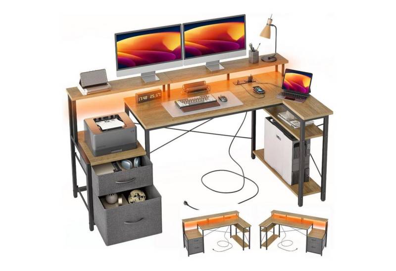 LuxusKollektion Eckschreibtisch Eckschreibtisch Steckdosen LED 2 Schubladen 150 x 80 cm Grau von LuxusKollektion