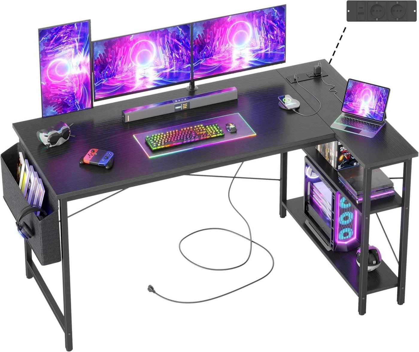 LuxusKollektion Eckschreibtisch Gaming Schreibtisch L-Form 140x70 cm mit Steckdosen Seitentaschen LuxusKollektion Eckschreibtisch Gaming Schreibtisch L-Form 140x70 cm mit Steckdosen Seitentaschen von LuxusKollektion