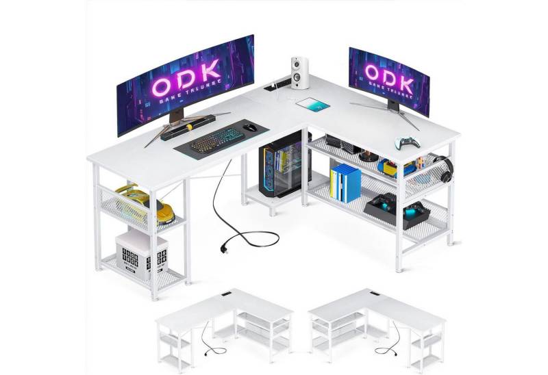 LuxusKollektion Eckschreibtisch Gaming Schreibtisch L-Form Weiß mit Stauraum, 2 Steckdosen und 2 von LuxusKollektion