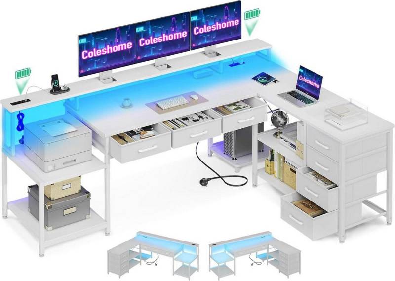 LuxusKollektion Eckschreibtisch Gaming Tisch 7 Schubladen RGB LED Eckschreibtisch L-Form 2 Steckdosen von LuxusKollektion