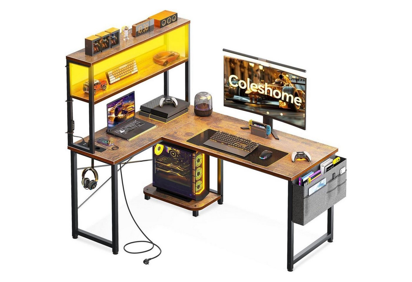 LuxusKollektion Eckschreibtisch Gaming Tisch L Form LED Steckdosen 110×80 cm Vintage Braun von LuxusKollektion