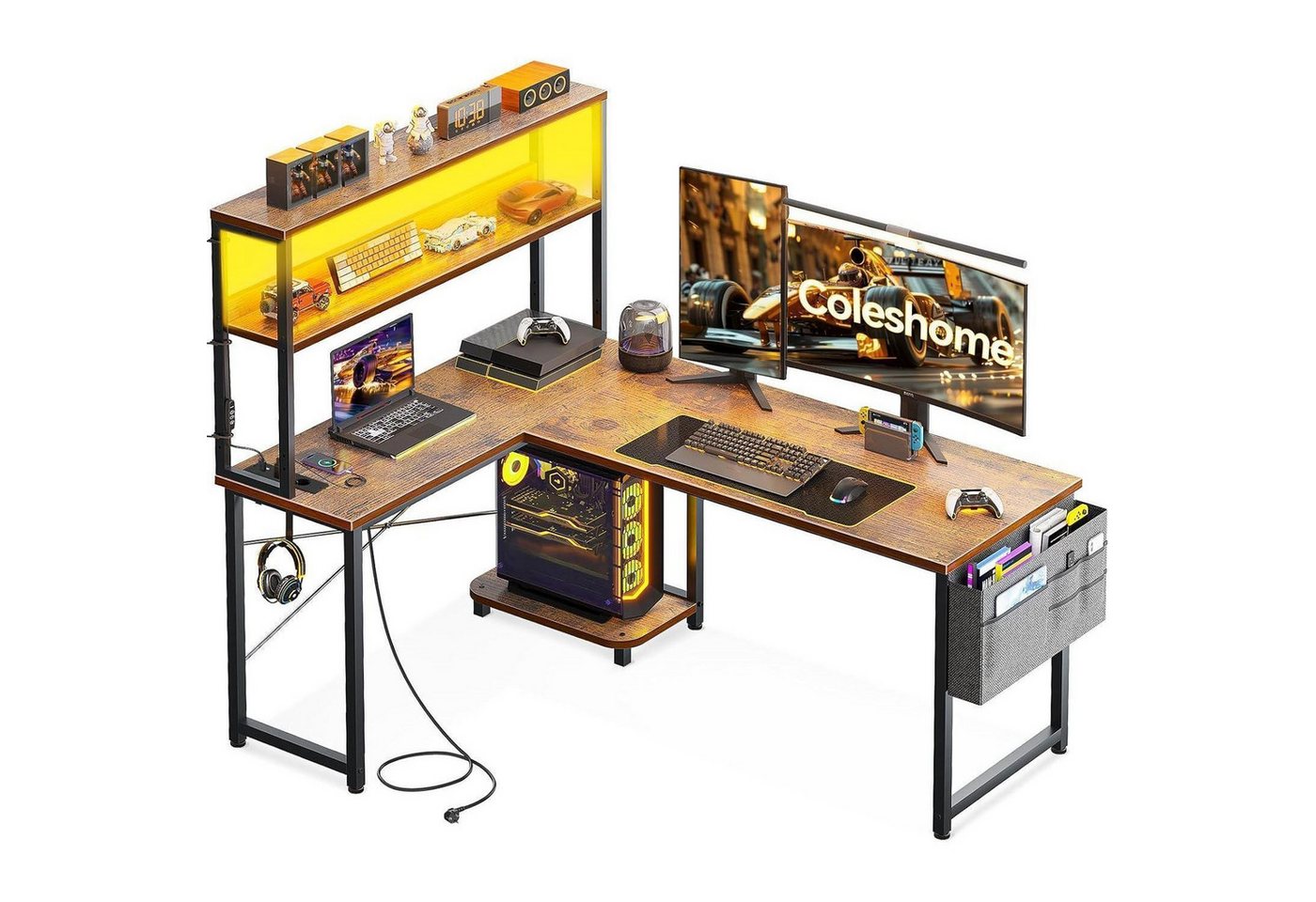 LuxusKollektion Eckschreibtisch Gaming Tisch L Form LED Steckdosen 135×100 cm Vintage Braun von LuxusKollektion