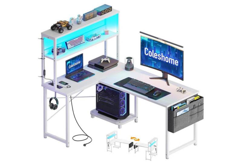LuxusKollektion Eckschreibtisch Gaming Tisch L Form LED Steckdosen Eckschreibtisch 110×80 cm Weiß von LuxusKollektion