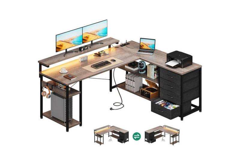 LuxusKollektion Eckschreibtisch Schreibtisch Eck L Form Schubladen Steckdosen USB LED Graue Eiche von LuxusKollektion