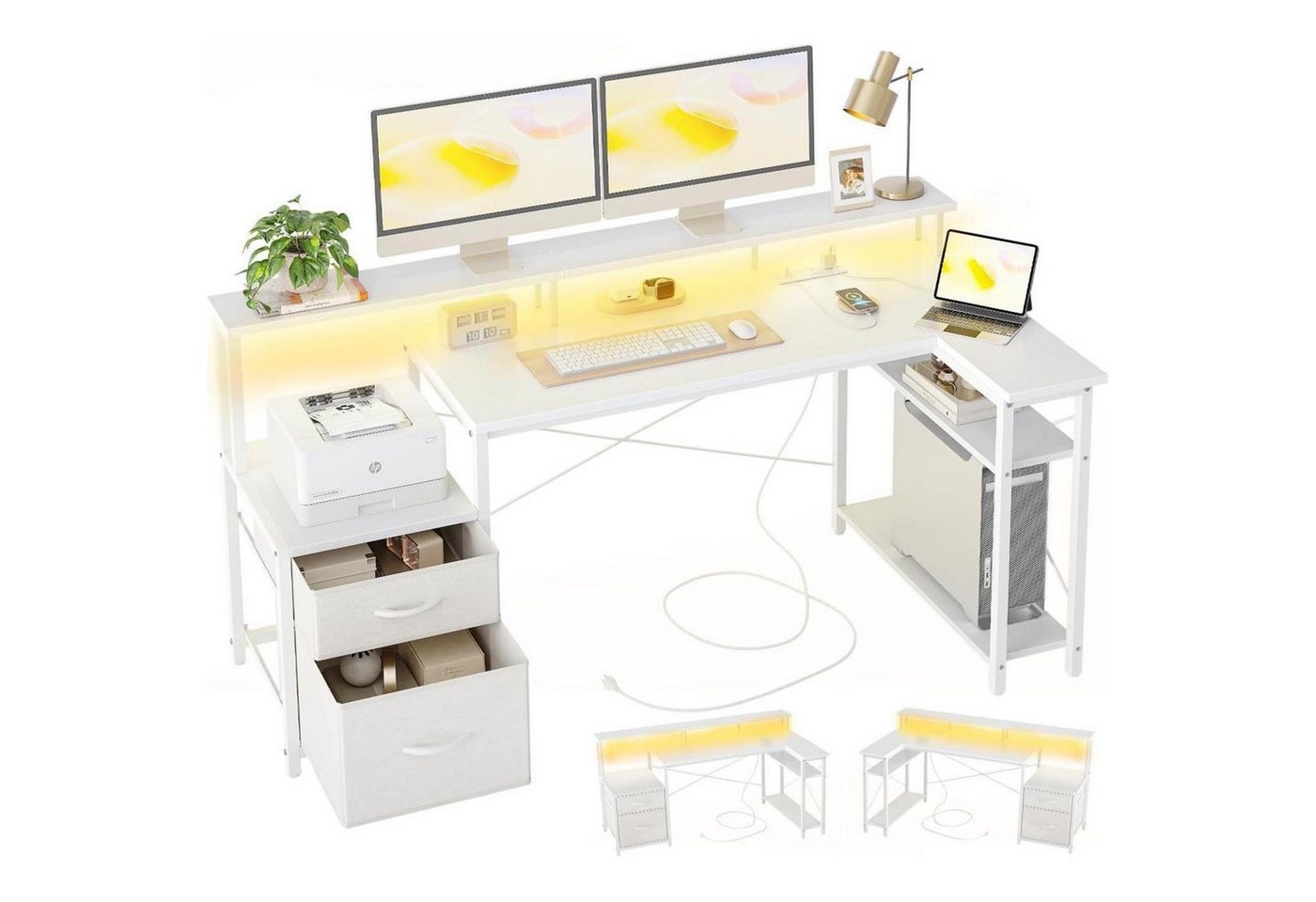 LuxusKollektion Eckschreibtisch Schreibtisch Eckschreibtisch LED Steckdosen 150 x 80 cm Weiß von LuxusKollektion