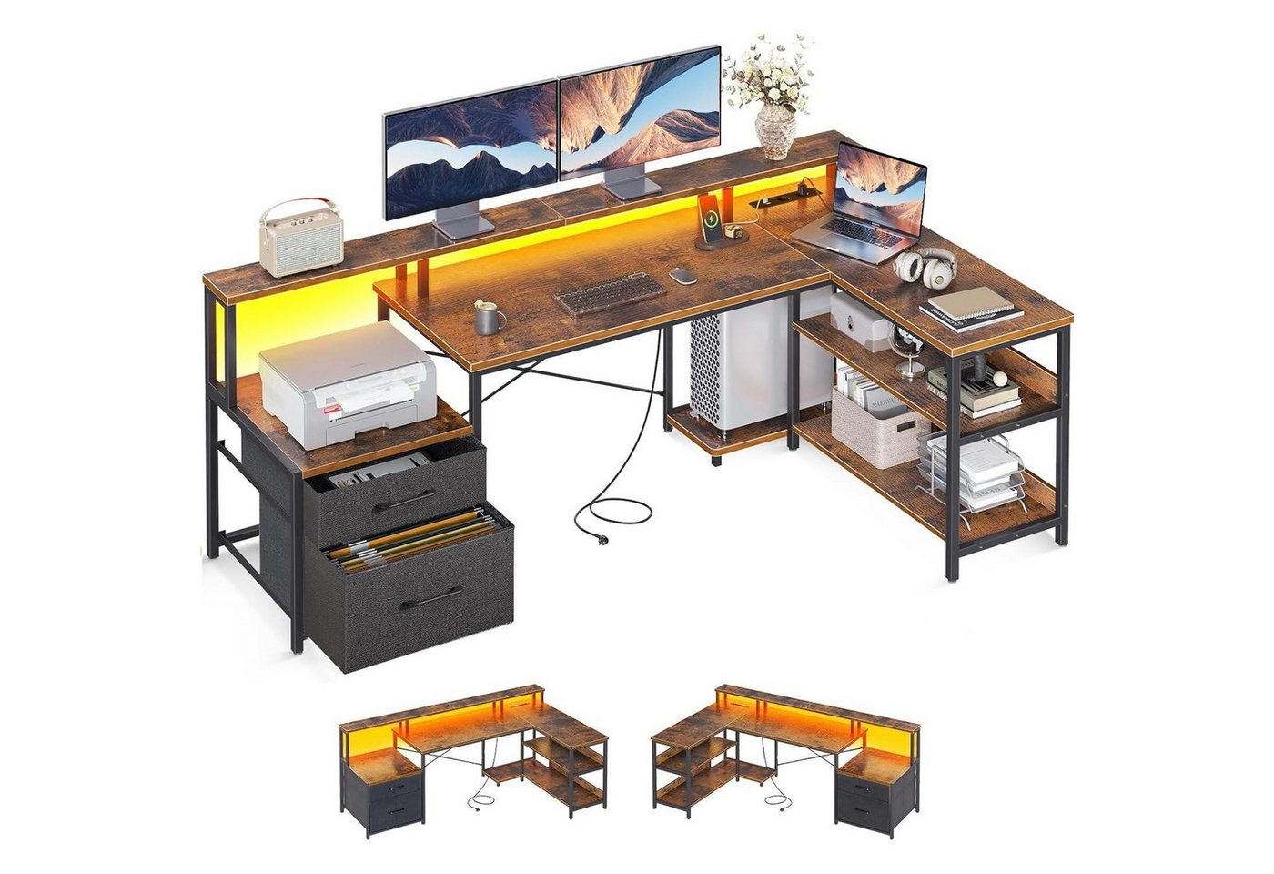 LuxusKollektion Eckschreibtisch Schreibtisch L Form LED Steckdose Vintage-braun 172.5×100 cm von LuxusKollektion