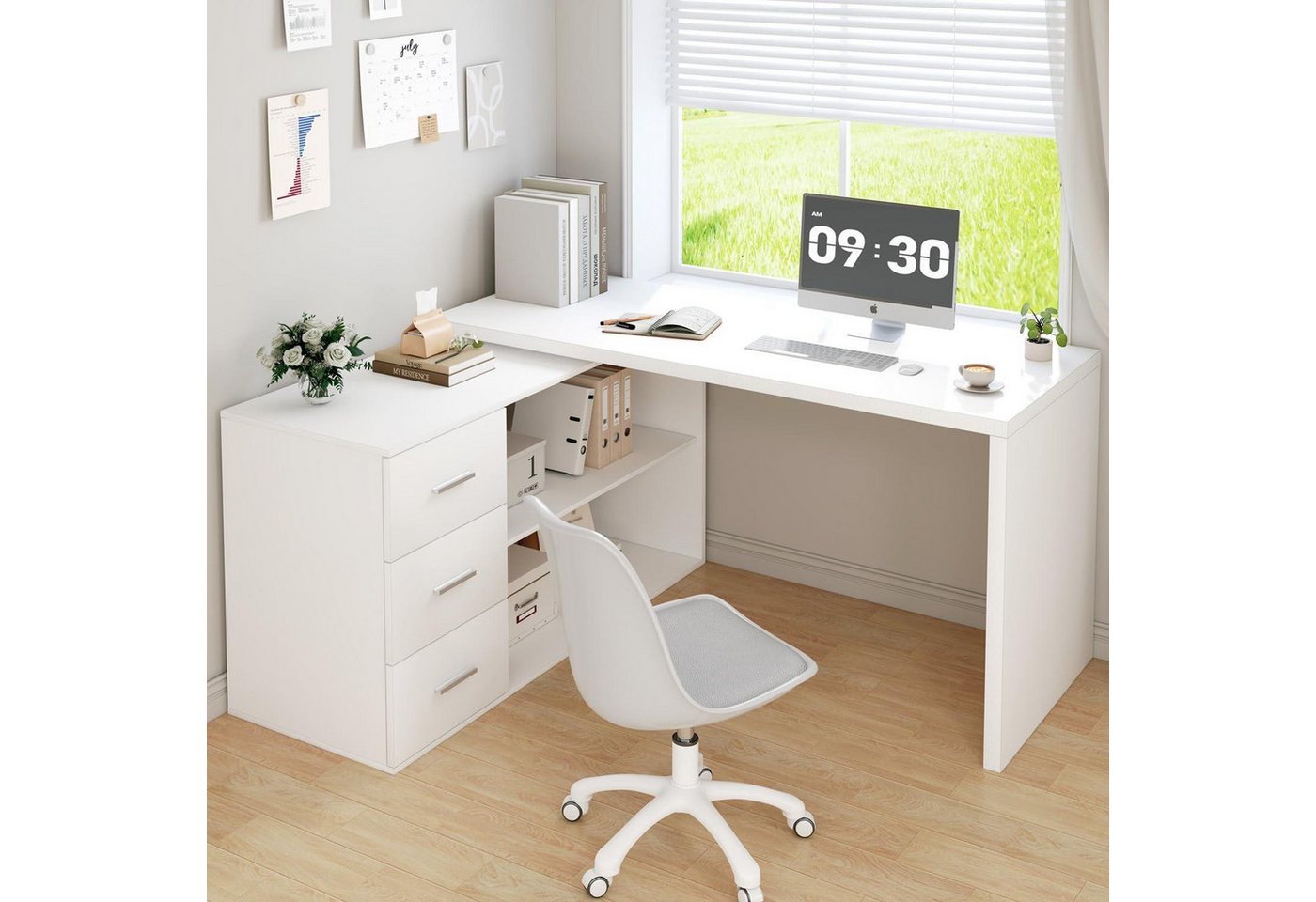 LuxusKollektion Eckschreibtisch Schreibtisch L Form Weiß mit 3 Schubladen und 2 Regalen 152 x 50 x 76 von LuxusKollektion