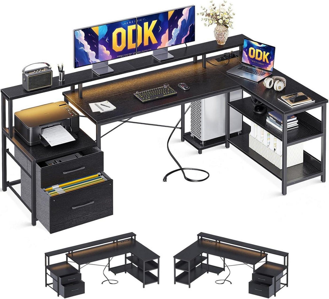 LuxusKollektion Eckschreibtisch Schreibtisch LED L-Form Reversibel mit Schubladen & Steckdosenleiste von LuxusKollektion