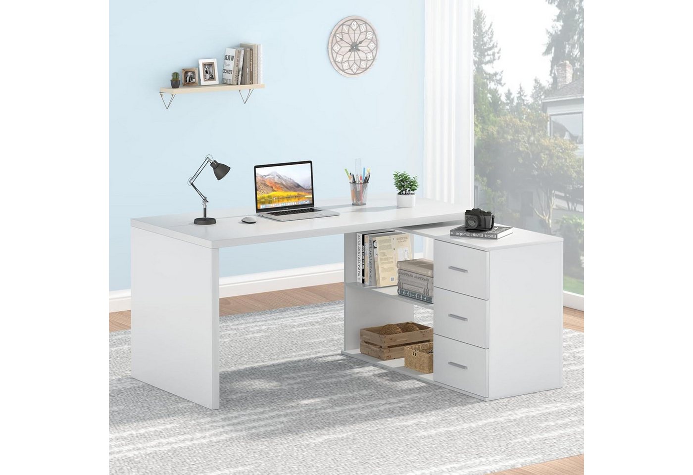 LuxusKollektion Eckschreibtisch Weißer Eckschreibtisch L-Form mit Stauraum 3 Schubladen 2 Regale LuxusKollektion Eckschreibtisch Weißer Eckschreibtisch L-Form mit Stauraum 3 Schubladen 2 Regale von LuxusKollektion