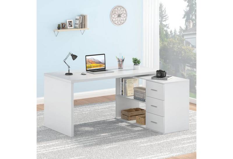LuxusKollektion Eckschreibtisch Weißer Eckschreibtisch L-Form mit Stauraum 3 Schubladen 2 Regale von LuxusKollektion