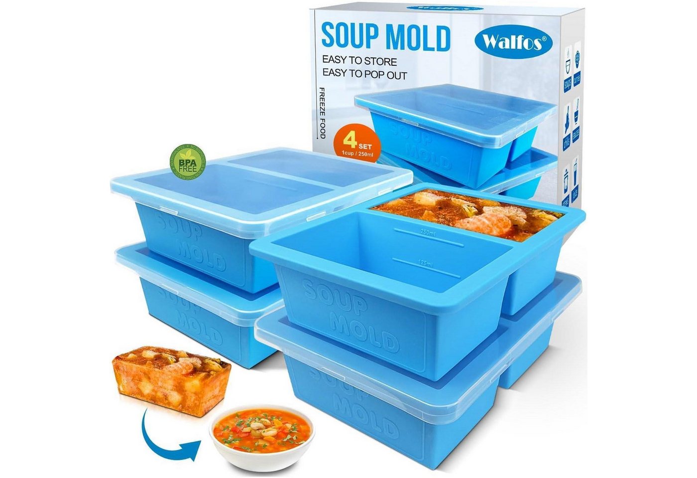 LuxusKollektion Eiswürfelform Gefriertablett Silikon 1 Tasse Deckel 4 Stück Eiswürfel-suppenform LuxusKollektion Eiswürfelform Gefriertablett Silikon 1 Tasse Deckel 4 Stück Eiswürfel-suppenform von LuxusKollektion