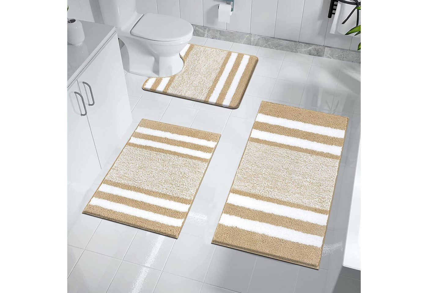 LuxusKollektion Fußmatte Badematte Set 3 Toilettenmatte WC Vorleger Mikrofaser Beige von LuxusKollektion