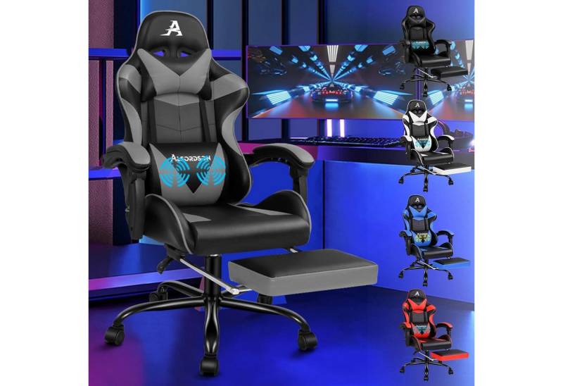 LuxusKollektion Gaming-Stuhl Ergonomischer Massage Gaming Bürostuhl mit einziehbarer Fußstütze Grau von LuxusKollektion