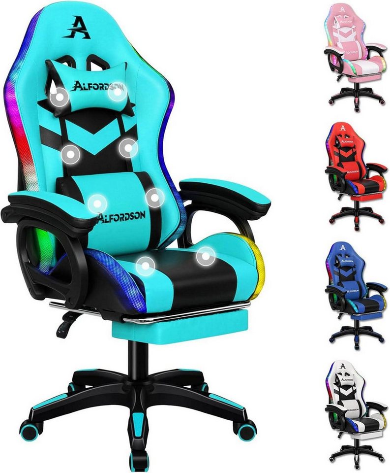LuxusKollektion Gaming-Stuhl Gaming Stuhl RGB LED Massage Fußstütze ergonomisch Cyan von LuxusKollektion