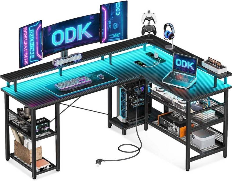 LuxusKollektion Gamingtisch Gaming Schreibtisch LED, Reversibel Eckschreibtisch mit Steckdosen von LuxusKollektion
