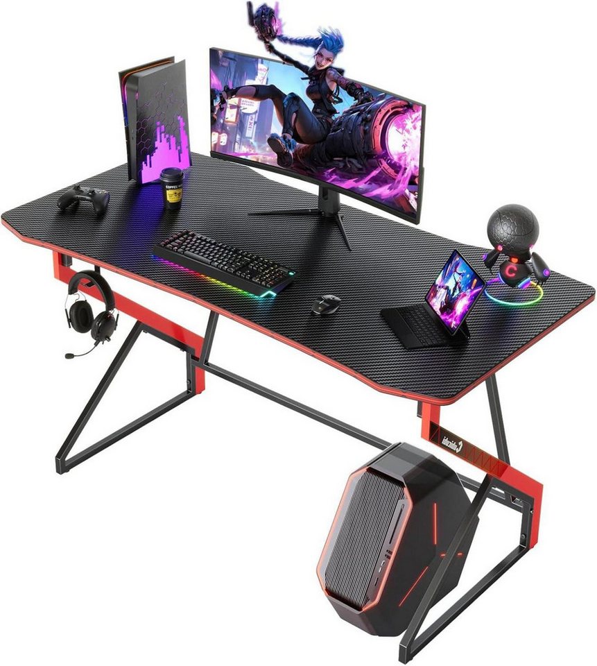 LuxusKollektion Gamingtisch Gaming Tisch 120x60 cm Kohlefaseroberfläche Kopfhörerhaken Schwarz von LuxusKollektion